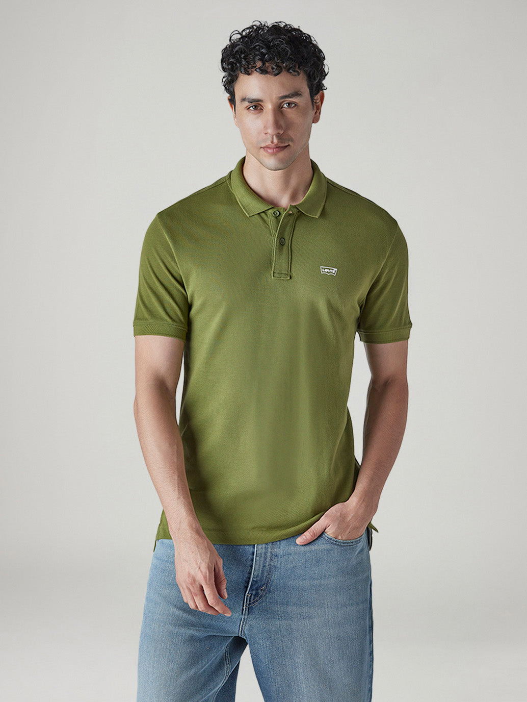 Men's Solid Olive Slim Fit Pique Polo T-shirt - Front View