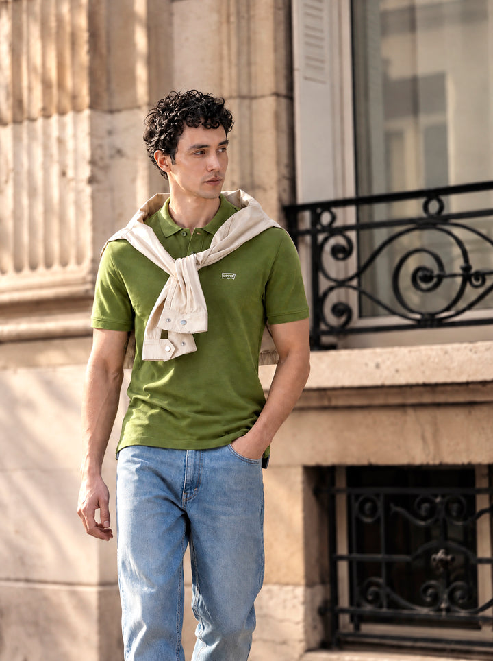 Men's Solid Olive Slim Fit Pique Polo T-shirt