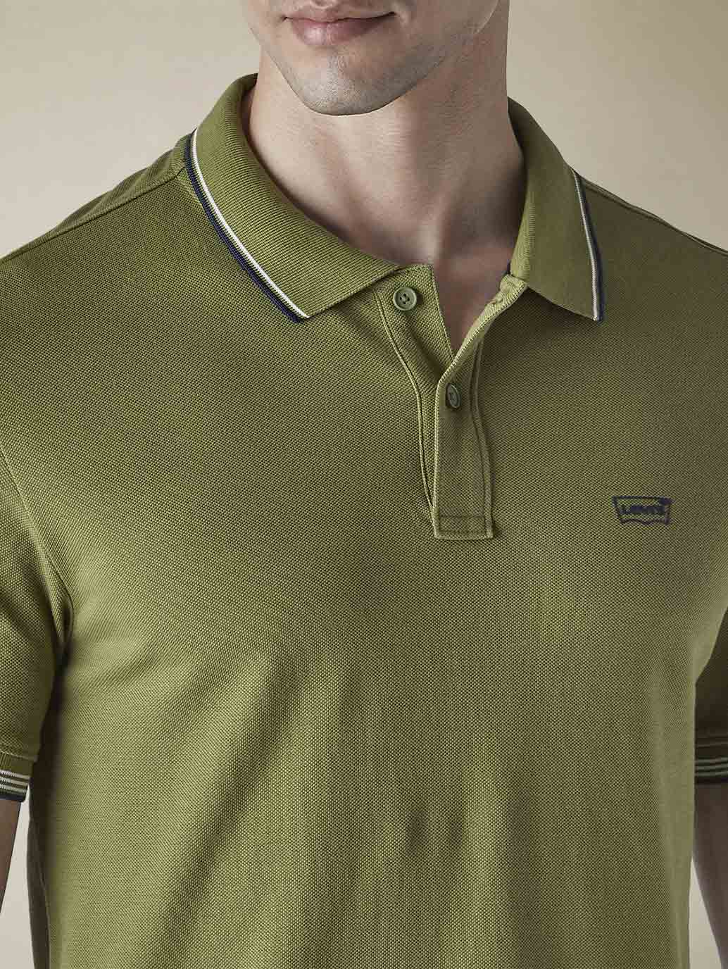 Men's Solid Olive Slim Fit Pique Polo T-shirt - d8b5e30e-a369-4dc8-9730-37cffe3c1657 View