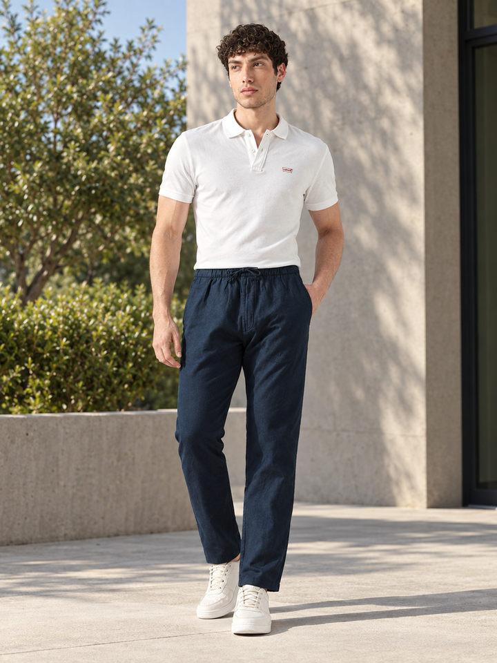 Men's Dark Blue Relaxed Straight Fit Mid Rise Chinos