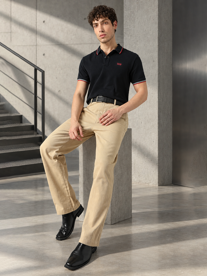 Men's Beige Wide Leg Fit Mid Rise Chinos