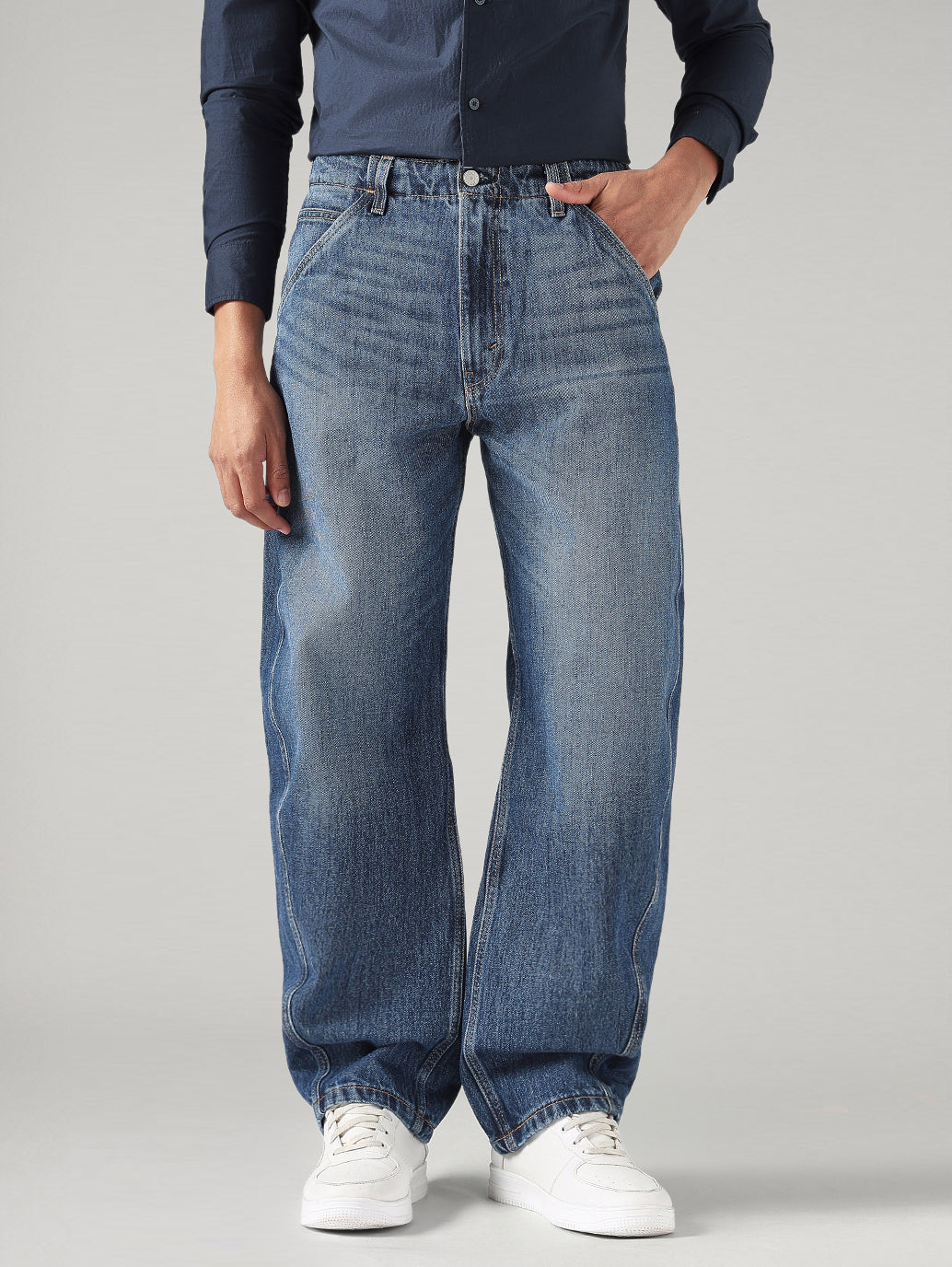 Men's Blue Baggy Fit Mid Rise Cinch Jeans - Front View