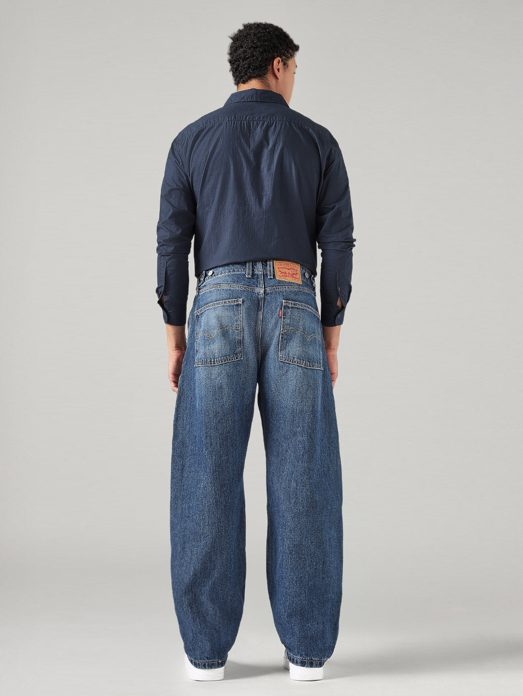 Men's Blue Baggy Fit Mid Rise Cinch Jeans - Back View