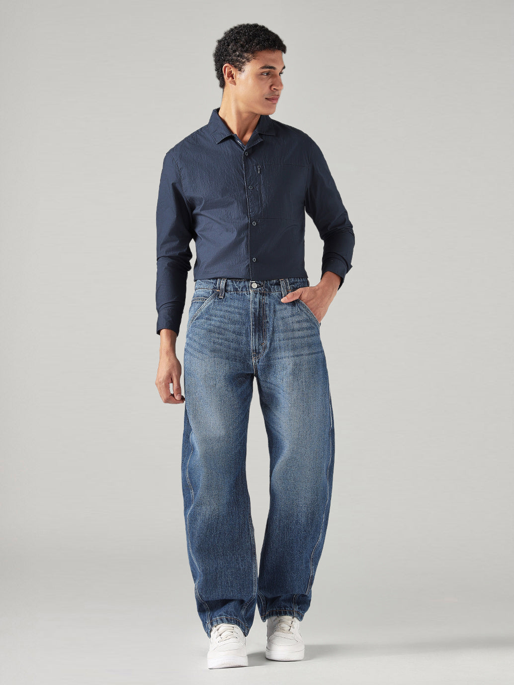 Men's Blue Baggy Fit Mid Rise Cinch Jeans - Front View
