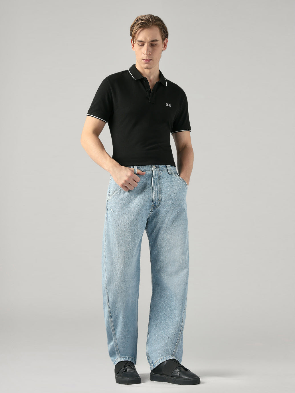 Men's Blue Baggy Barrel Fit Mid Rise Cinch Jeans - Styleshot View