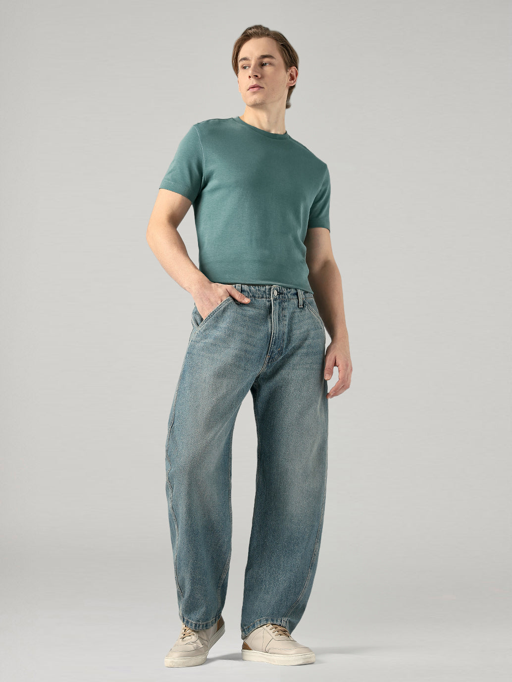 Men's Blue Baggy Barrel Fit Mid Rise Cinch Jeans