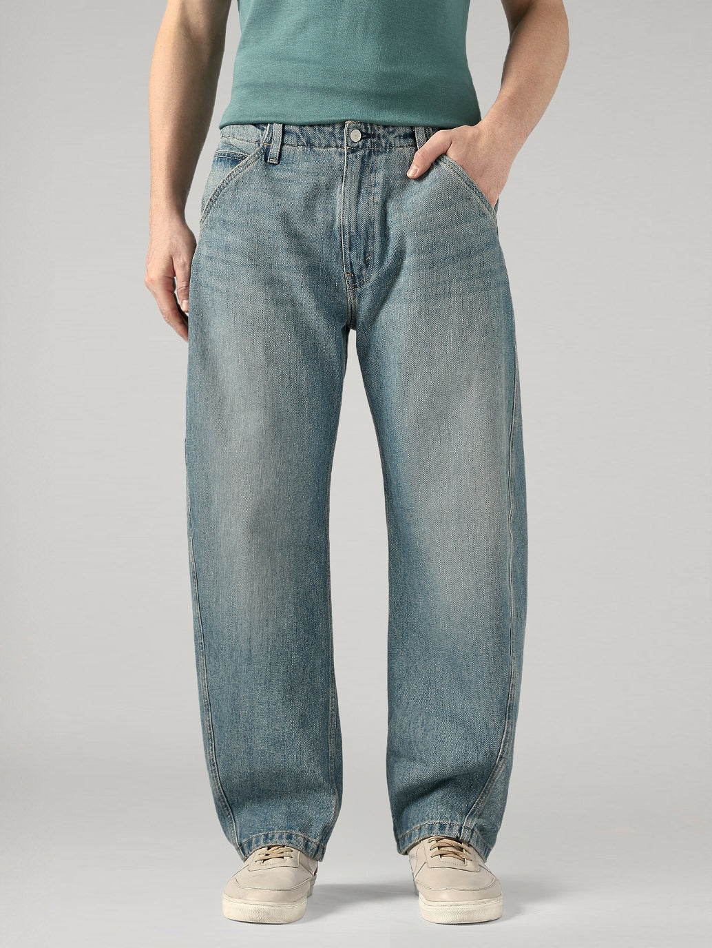 Men's Blue Baggy Barrel Fit Mid Rise Cinch Jeans - Front View