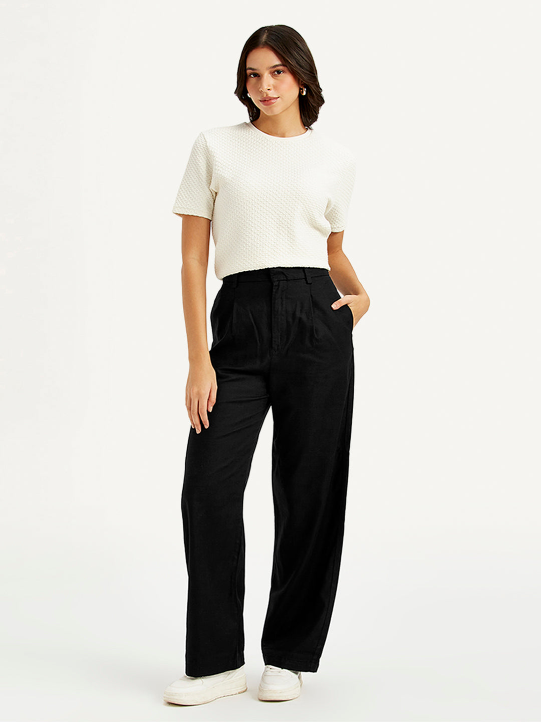 Women's High Rise Black Loose Fit Trousers - 00d0c636f38bf94c868a02d9287279ac View