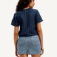 Women's Striped Dark Blue Round Neck Denim Top - 01ab1cfede8d4fce008410f508d069d4 View