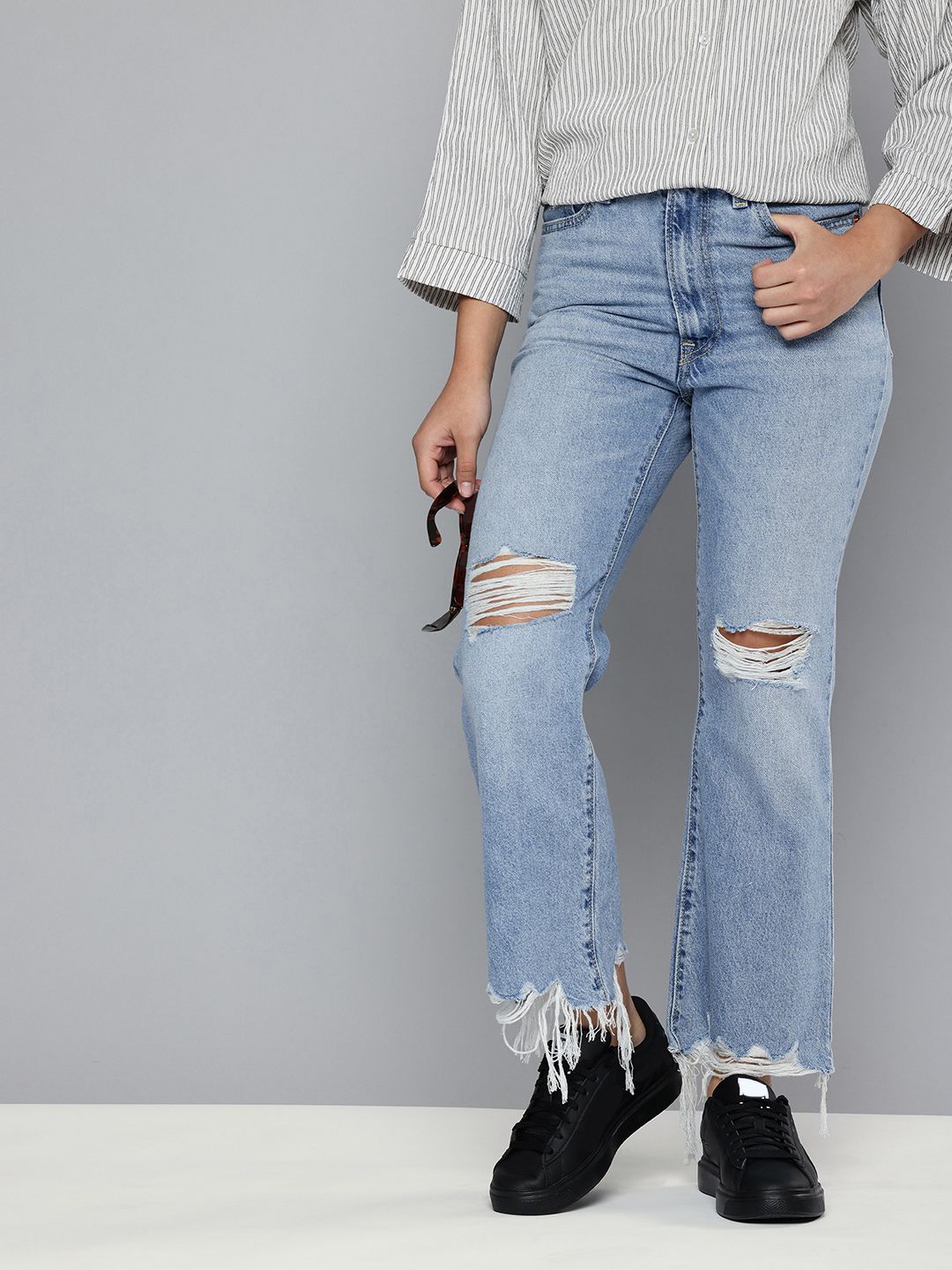 Women's Blue Ribcage Cropped Bootcut Fit High Rise Jeans - 04a89f1a7da1f7b28af6c03ca052e92a View