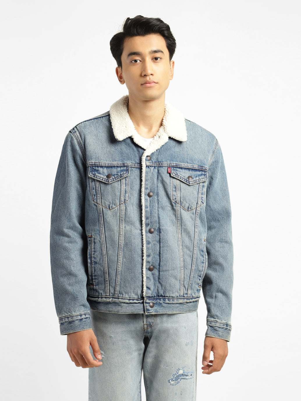 Men's Solid Blue Collar Neck Denim Jacket - c554bbca-5cdc-4abd-83ec-97812356076a View