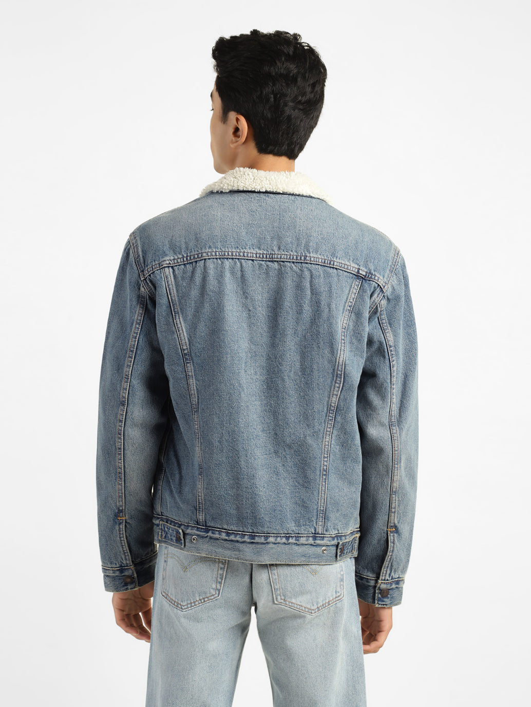 Men's Solid Blue Collar Neck Denim Jacket - 93ede7c9-2bb4-4536-a30b-e2de8d2c713a View