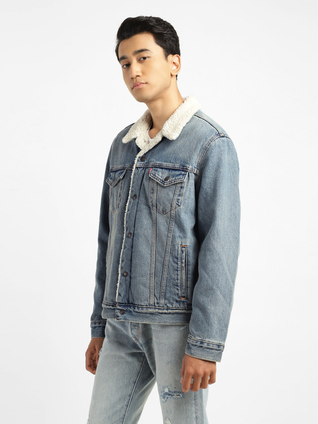 Men's Solid Blue Collar Neck Denim Jacket - fe9e77cd-cfe6-4c1b-a49e-4fc254159209 View