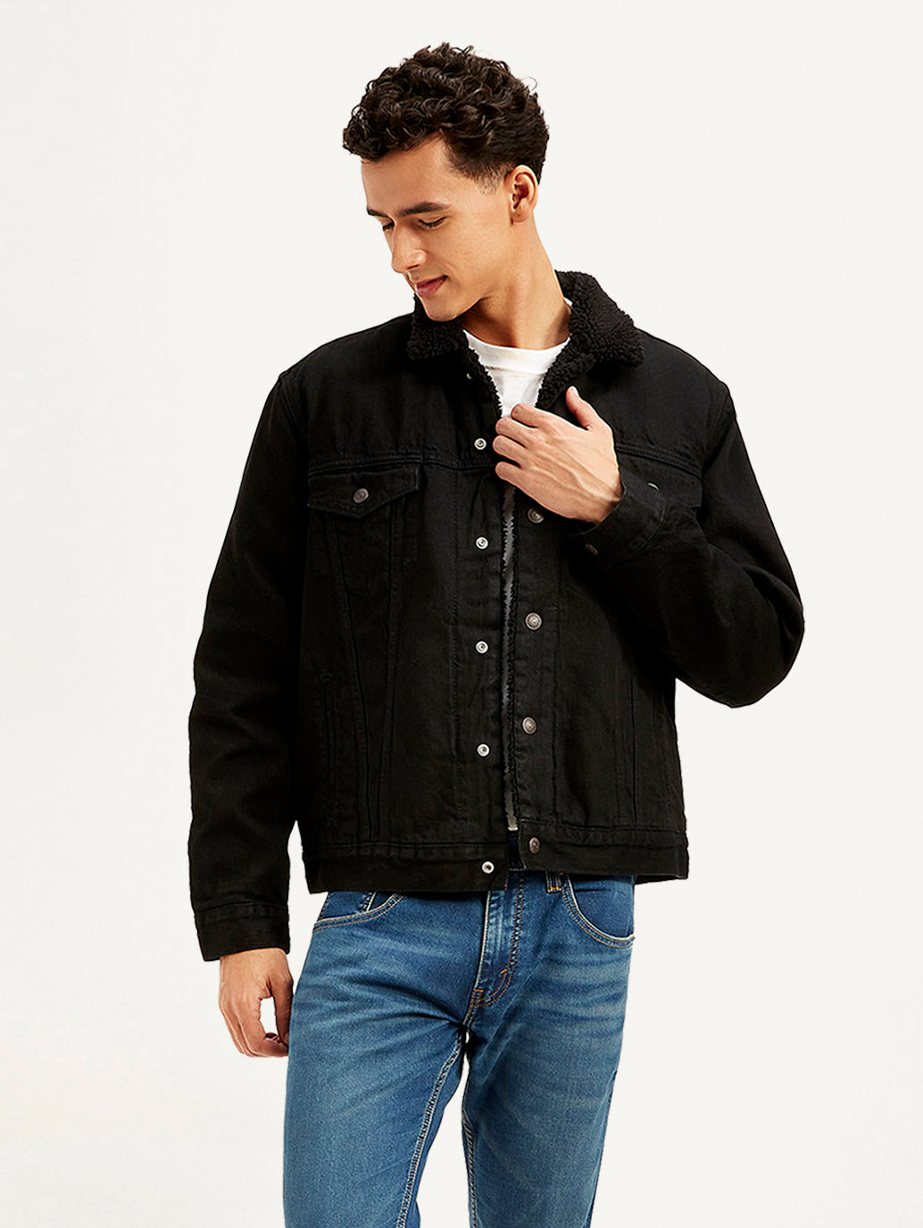 Men's Solid Black Spread Collar Denim Jacket - Styleshot View
