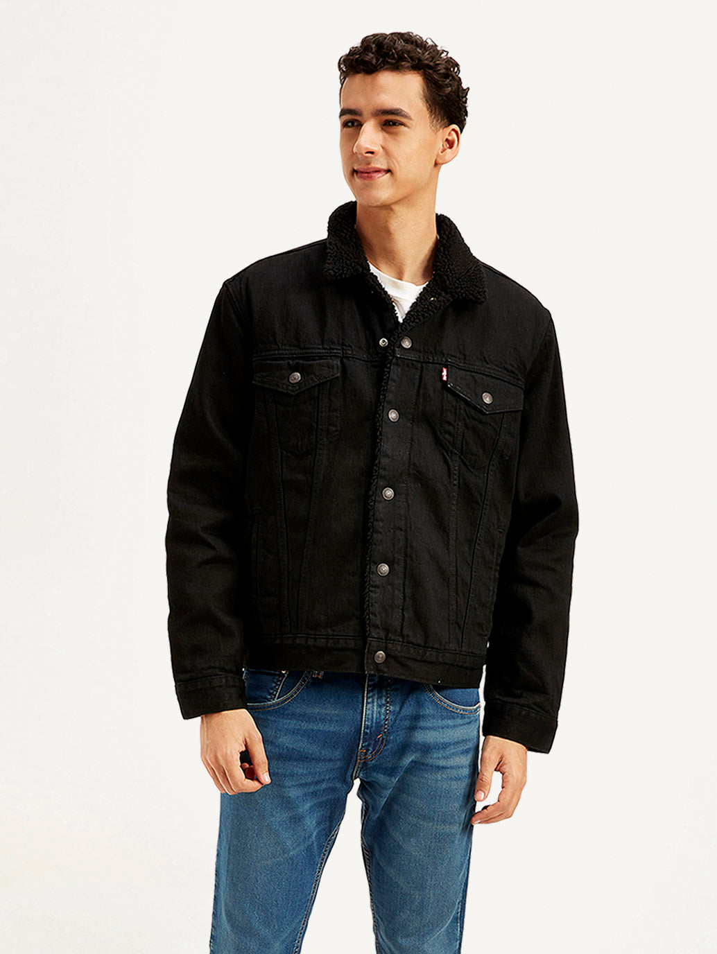 Men's Solid Black Spread Collar Denim Jacket - Front View