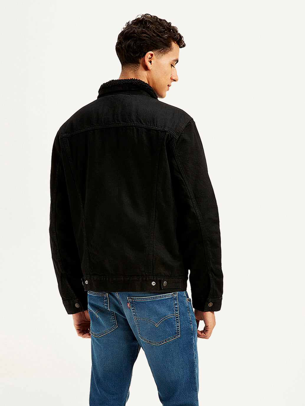 Men's Solid Black Spread Collar Denim Jacket - Back View