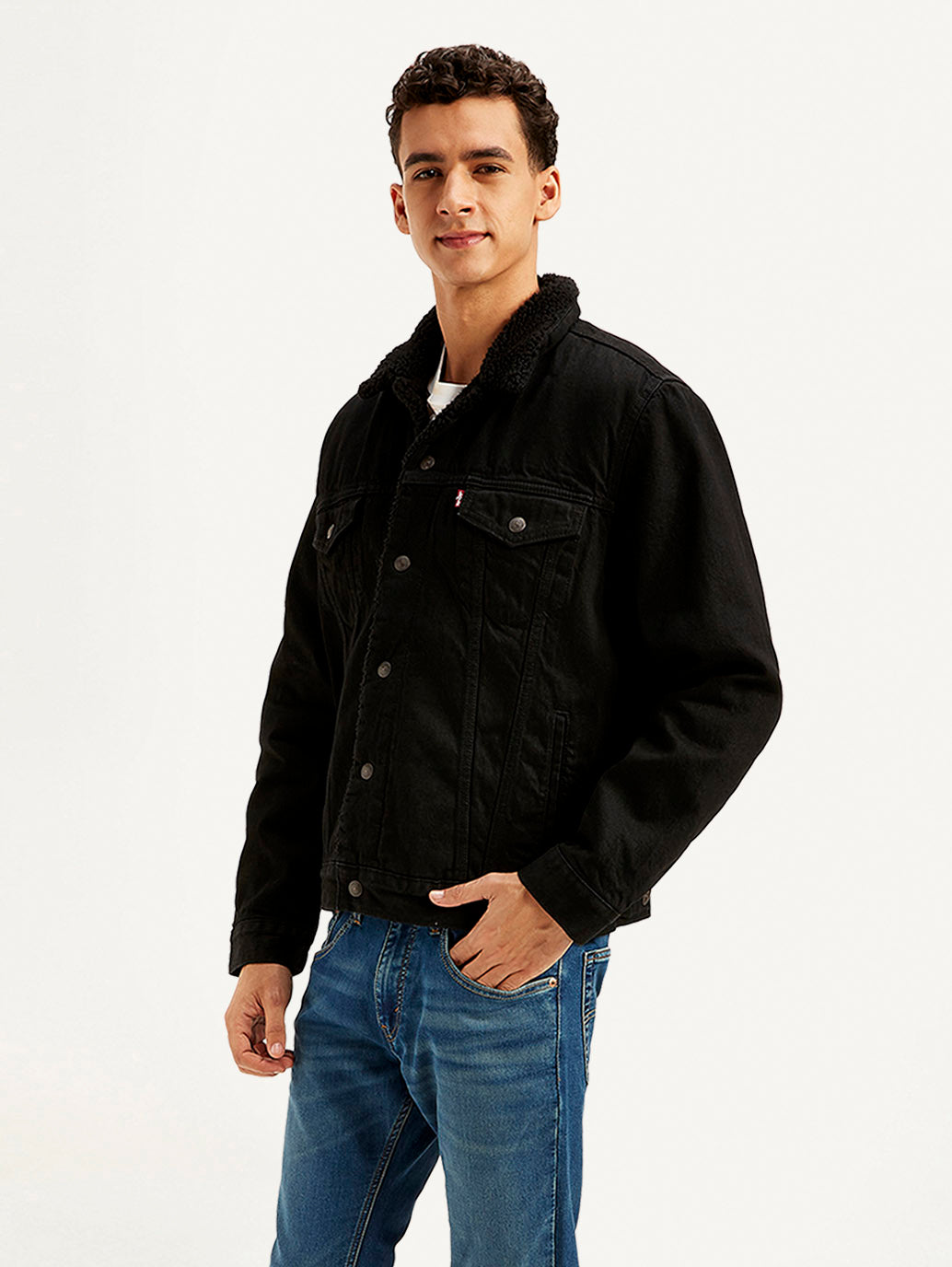 Men's Solid Black Spread Collar Denim Jacket - Side View