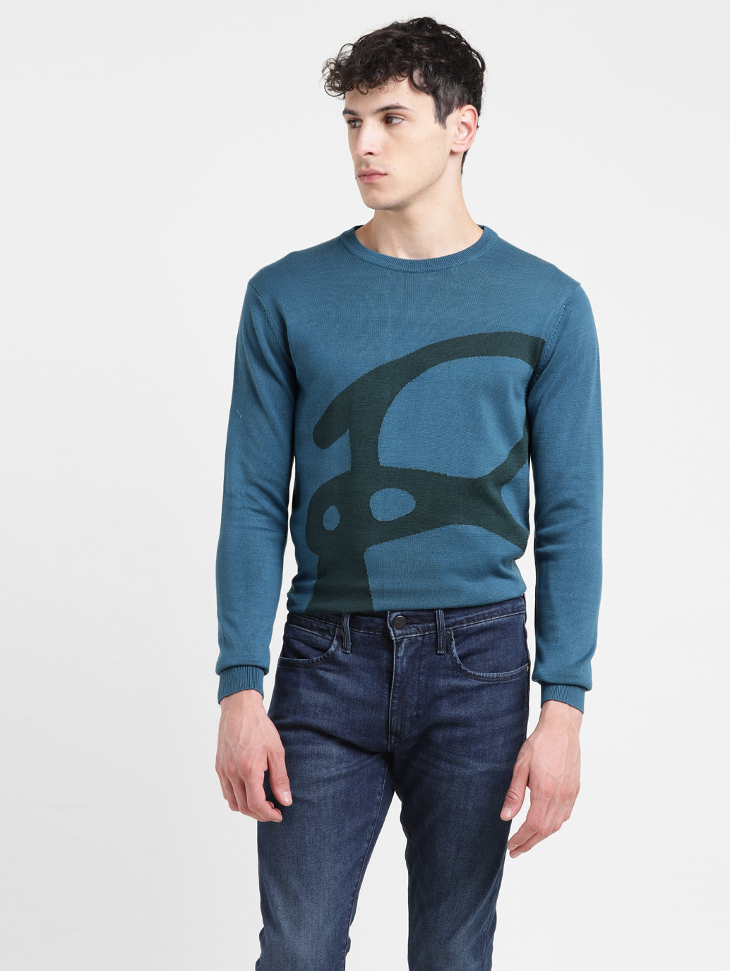 Men's Solid Blue Crew Neck Sweater