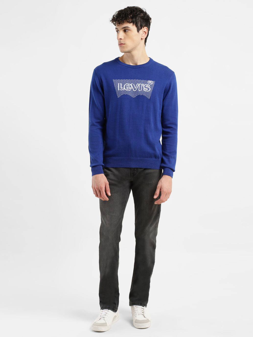 Men's Brand Logo Blue Crew Neck Sweater