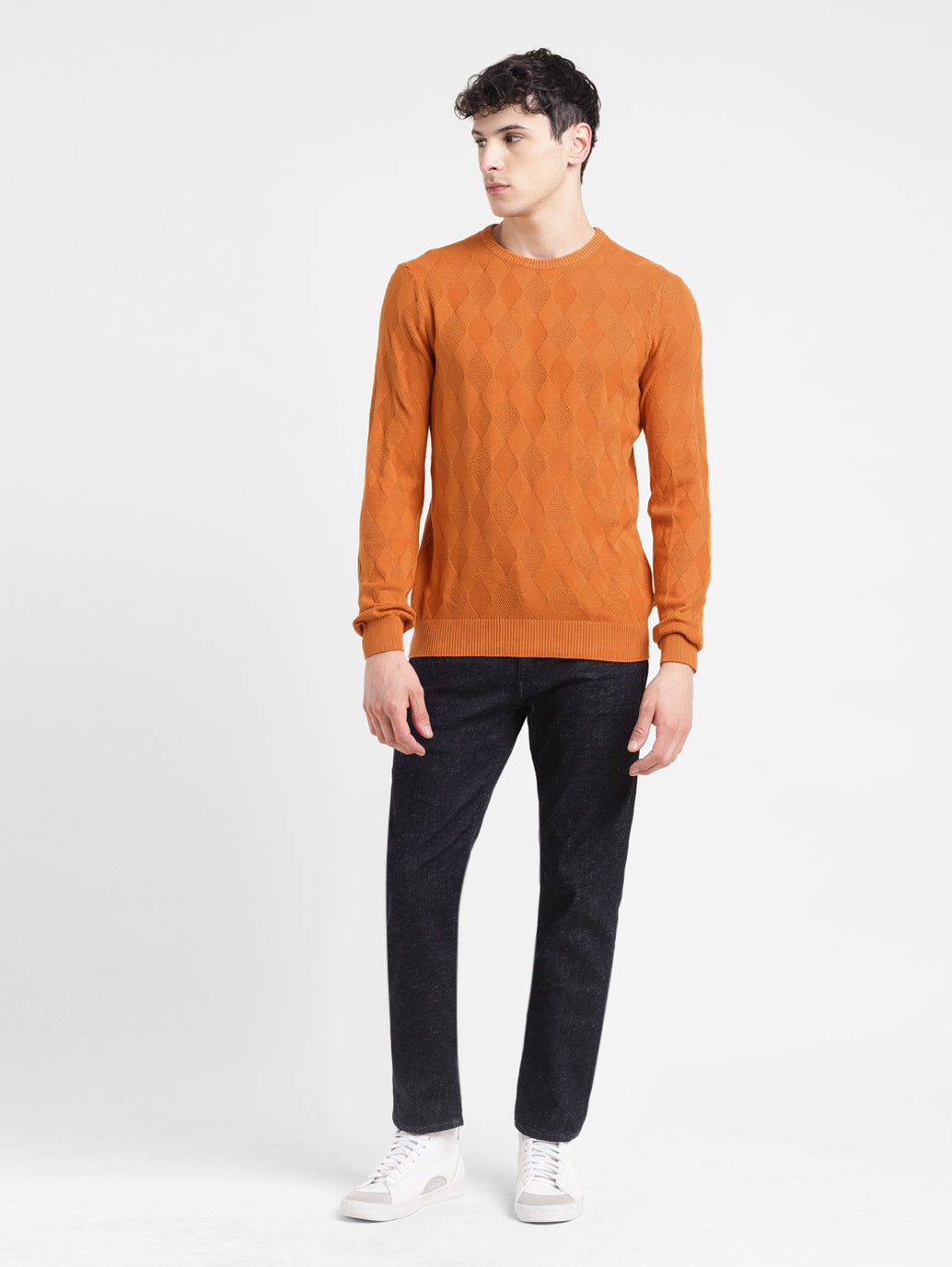 Men's Self Design Orange Crew Neck Sweater