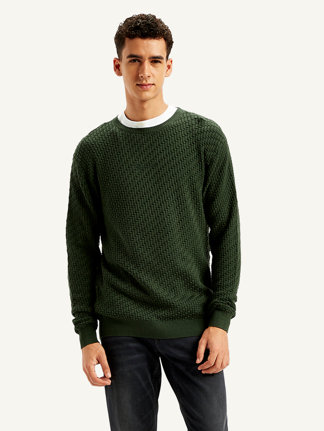 Men's Redloop Textured Olive Crew Neck Sweater - Front View