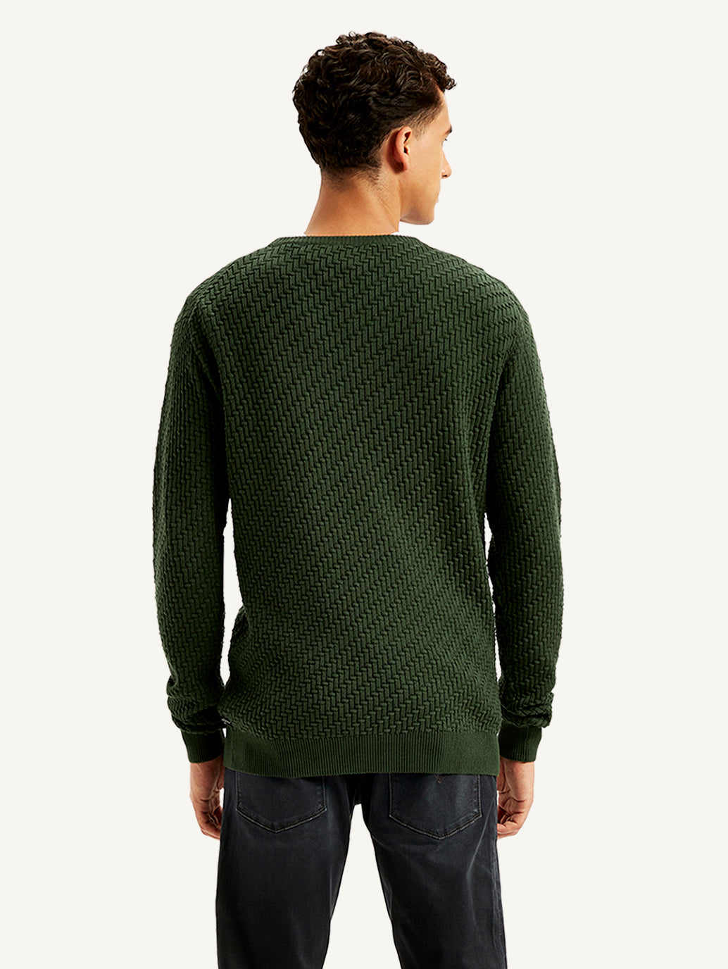Men's Redloop Textured Olive Crew Neck Sweater - Back View
