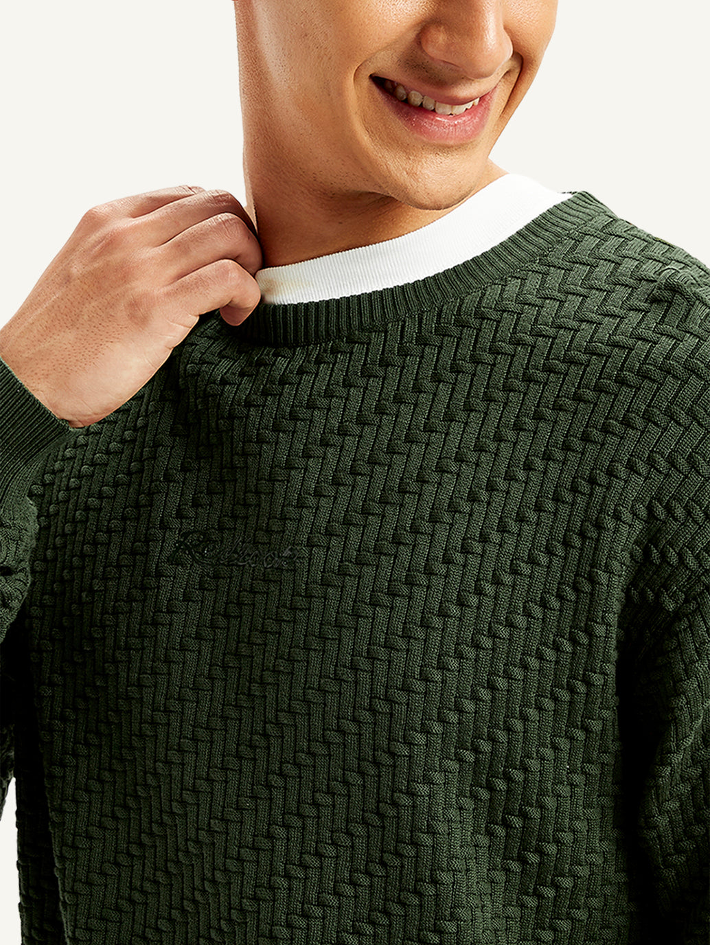 Men's Redloop Textured Olive Crew Neck Sweater - Detail View