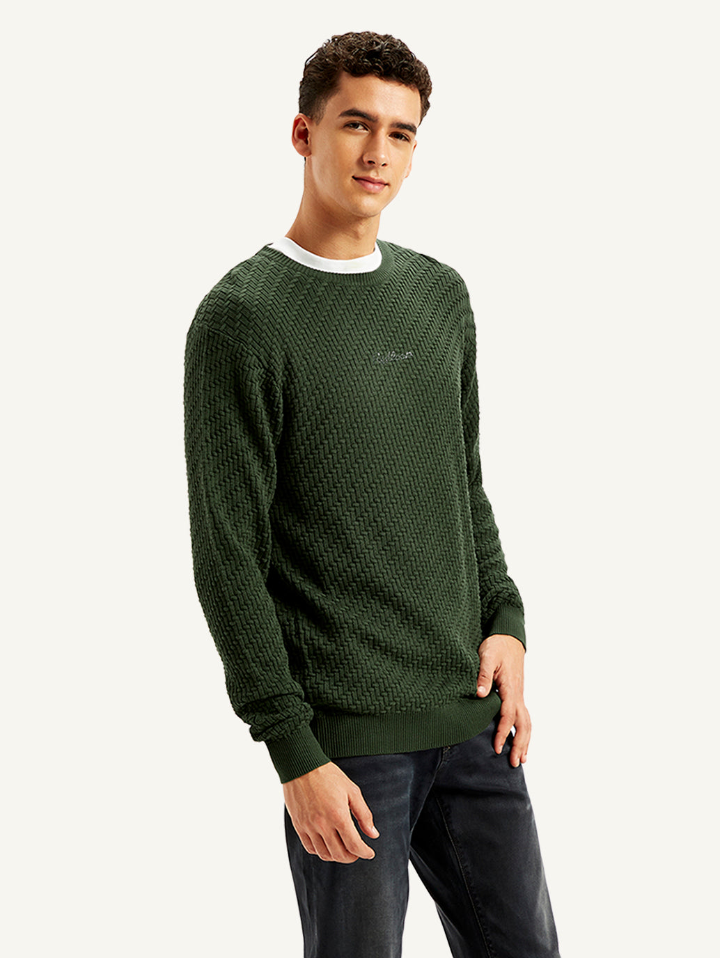 Men's Redloop Textured Olive Crew Neck Sweater - Side View