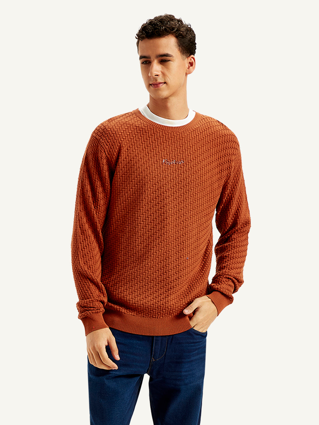 Men's Redloop Textured Rust Crew Neck Sweater - Front View