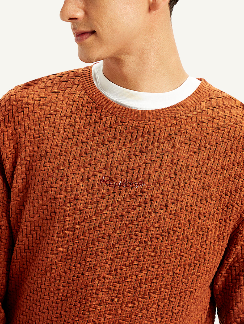 Men's Redloop Textured Rust Crew Neck Sweater - Detail View