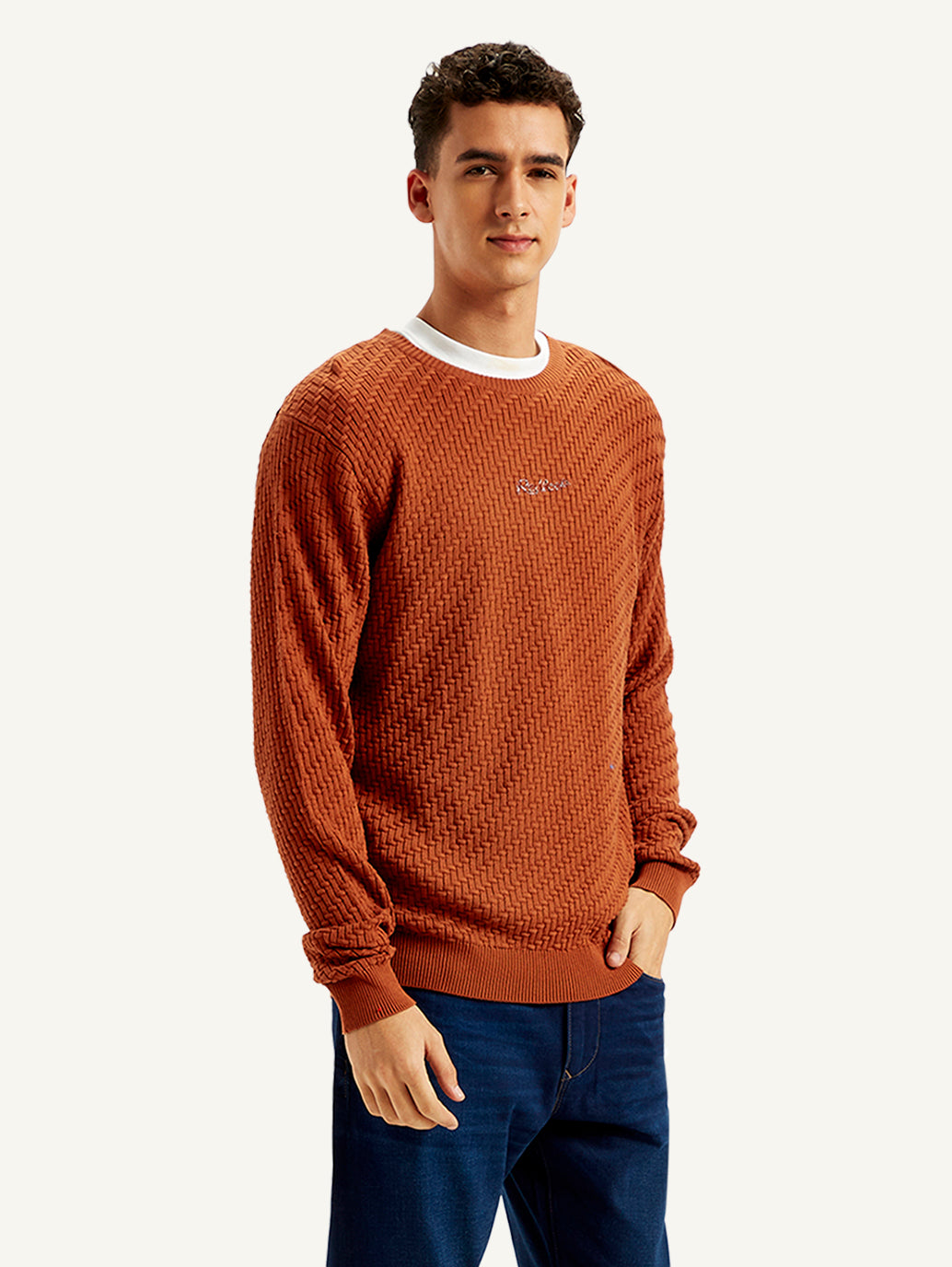 Men's Redloop Textured Rust Crew Neck Sweater - Side View