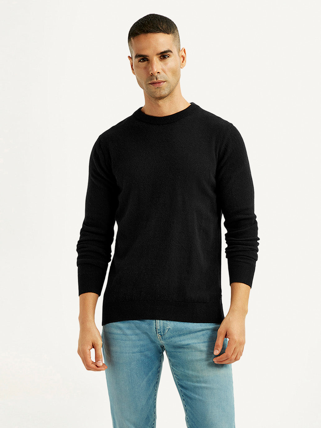 Men's Solid Black Crew Neck Sweater - Front View