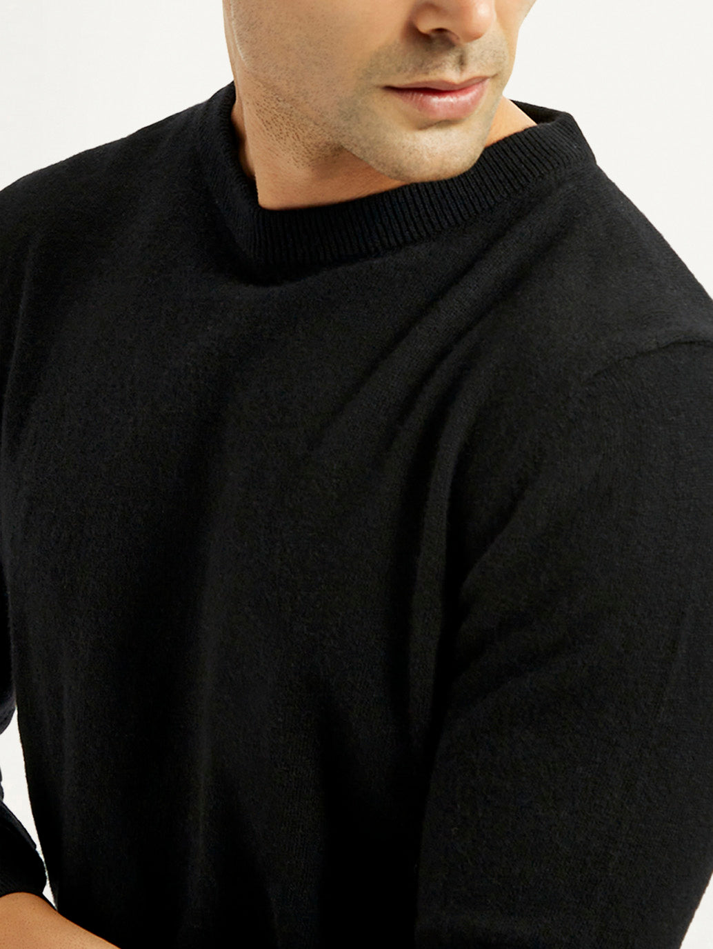 Men's Solid Black Crew Neck Sweater - Detail View