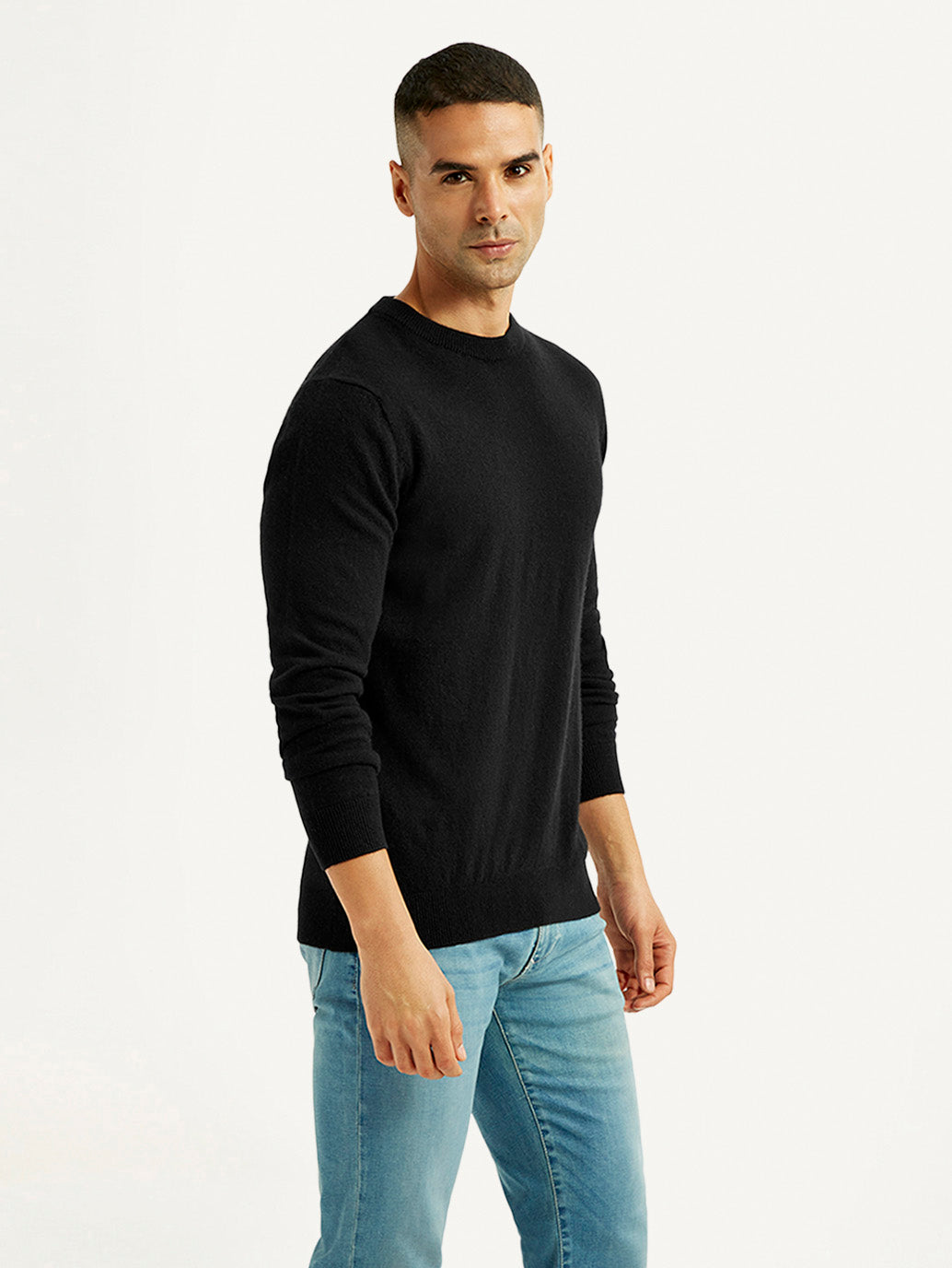 Men's Solid Black Crew Neck Sweater - Side View