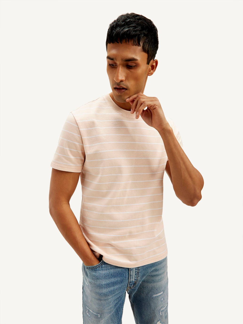 Men's Striped Slim Fit Linen T-shirt - Elevated View