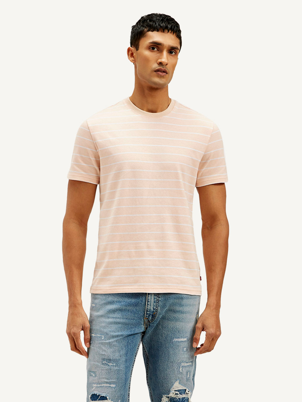 Men's Striped Slim Fit Linen T-shirt - Front View