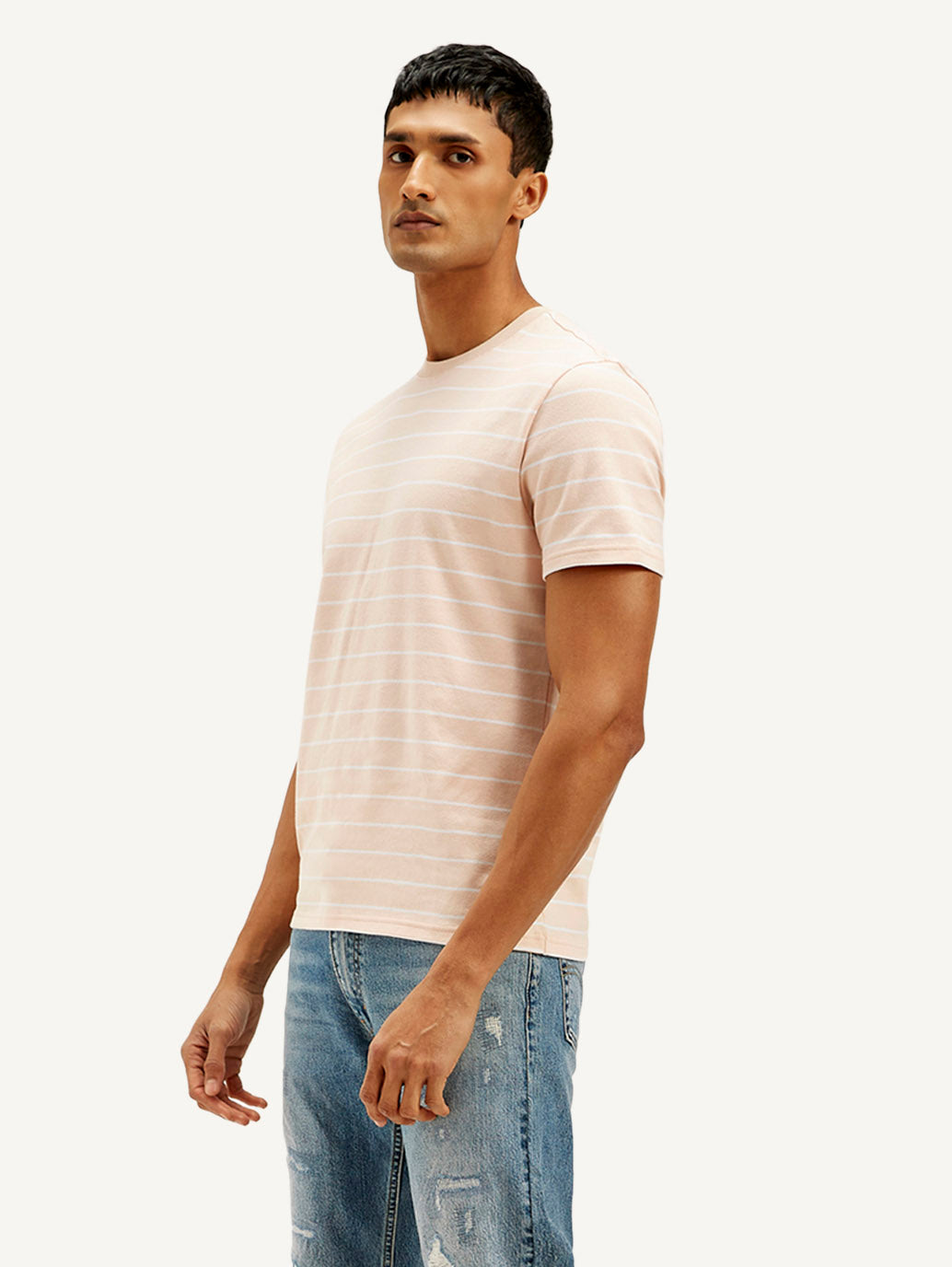 Men's Striped Slim Fit Linen T-shirt - Side View