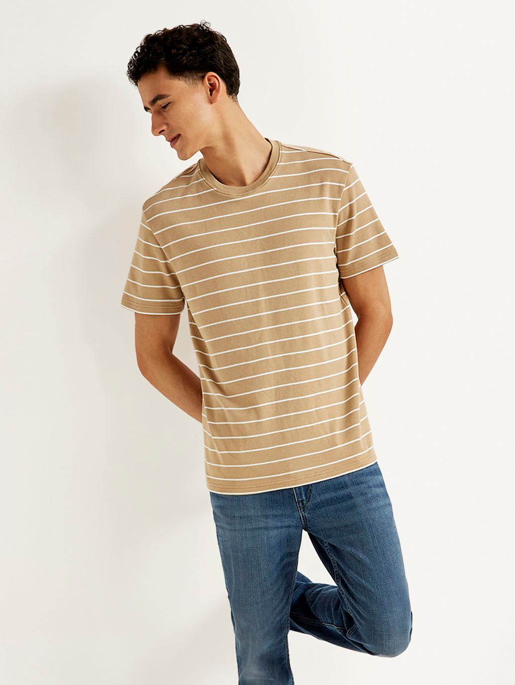Men's Striped Slim Fit Linen T-shirt - Styleshot View