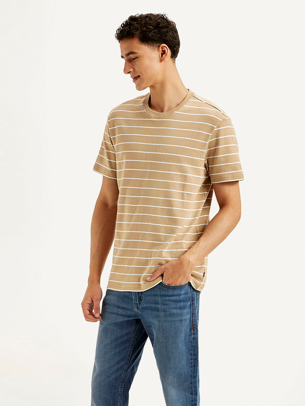 Men's Striped Slim Fit Linen T-shirt - Side View