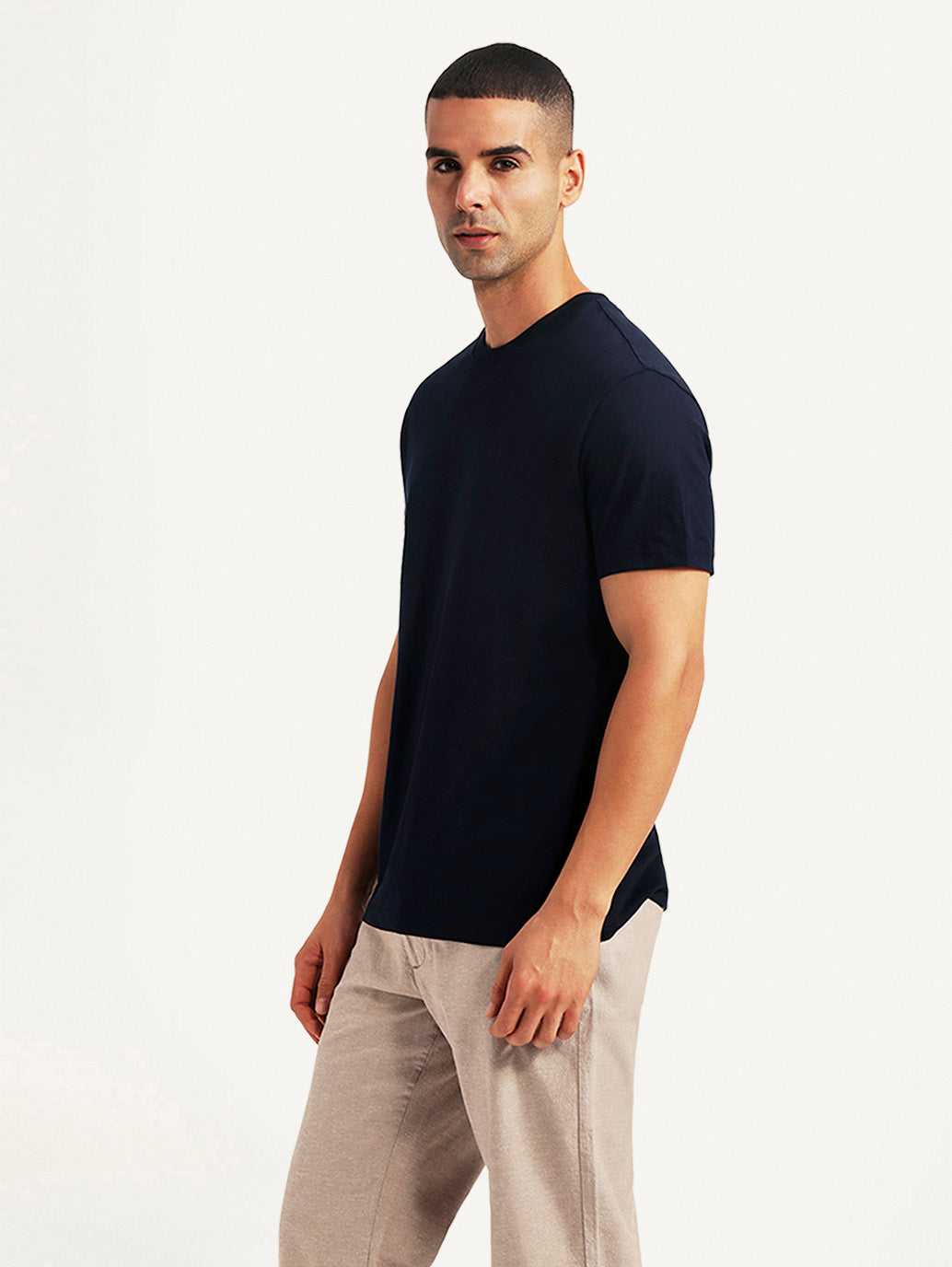Men's Solid Navy Slim Fit T-shirt - Side View