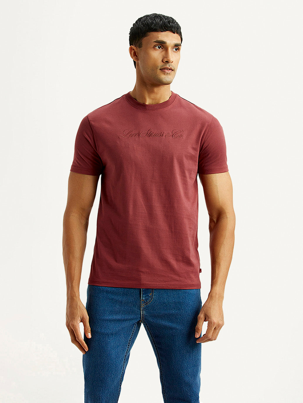 Men's Embroidered Maroon Slim Fit T-shirt - Front View