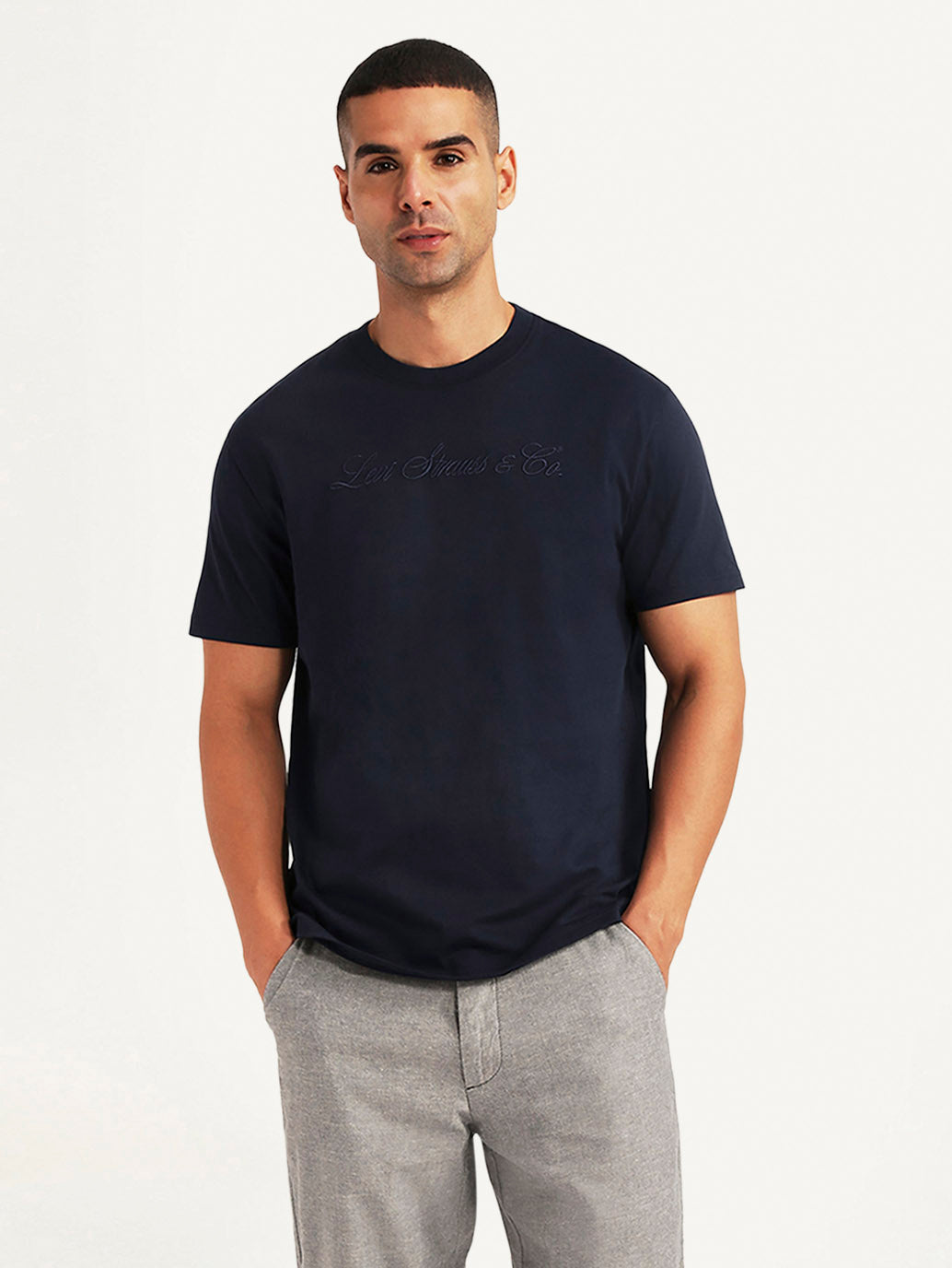 Men's Typographic Print Navy Slim Fit T-shirt - Styleshot View