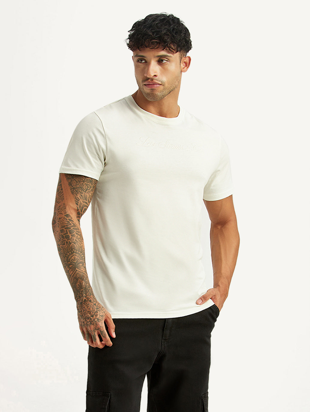Men's Embroidered Off-White Slim Fit T-shirt - Styleshot View