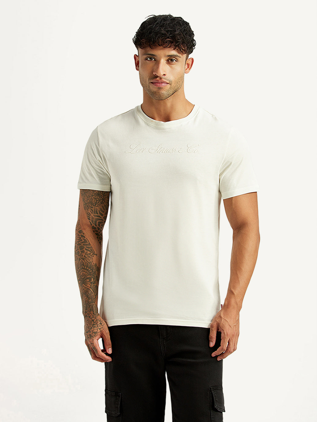 Men's Embroidered Off-White Slim Fit T-shirt - Front View
