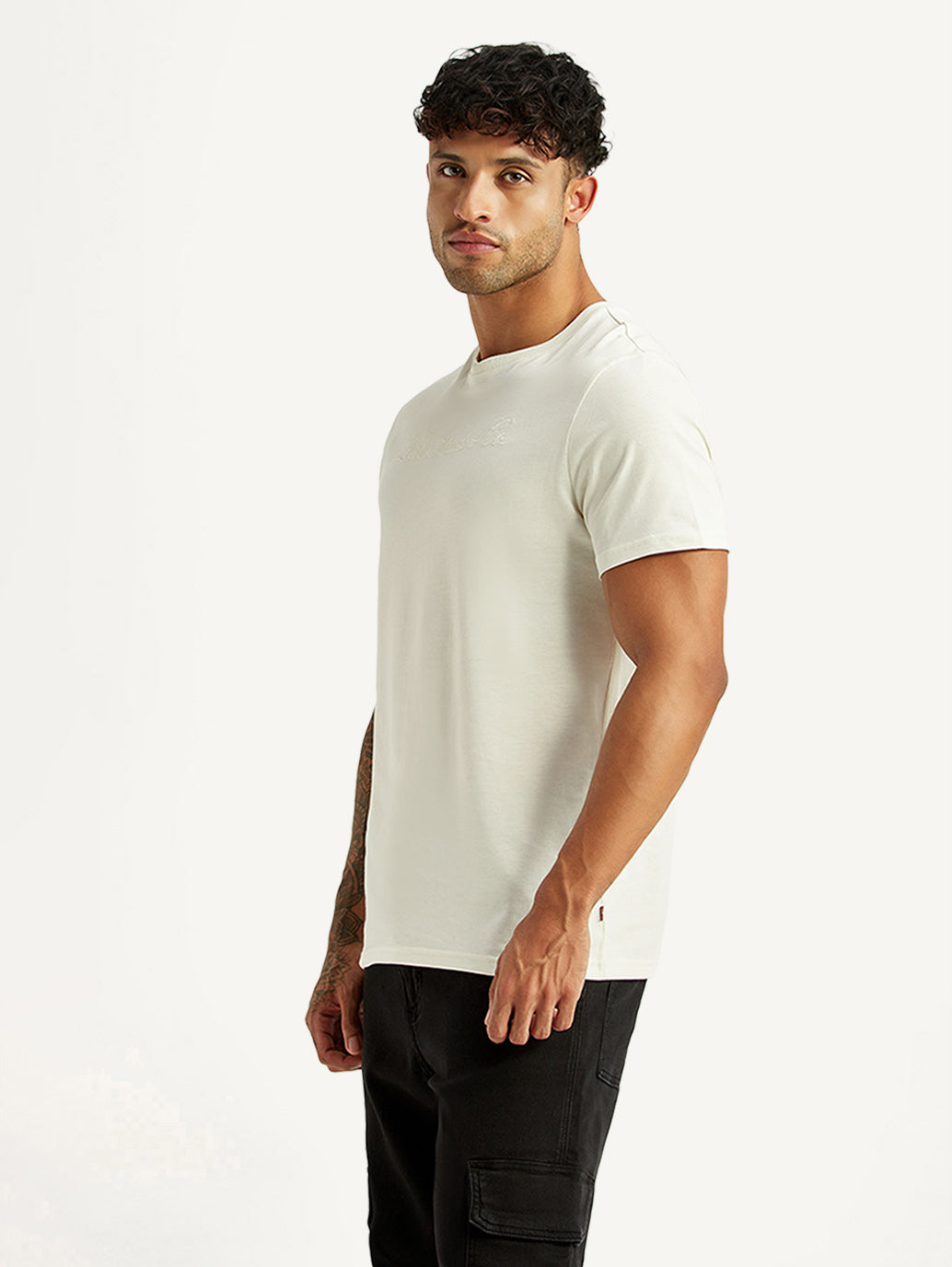 Men's Embroidered Off-White Slim Fit T-shirt - Side View