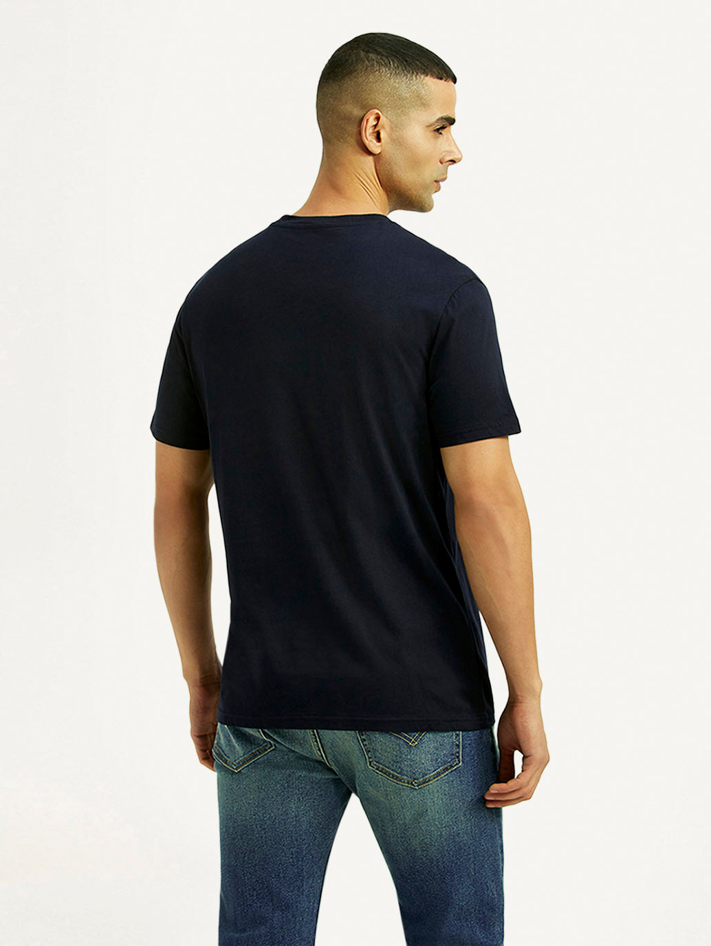 Men's Typographic Print Navy Slim Fit T-shirt - Back View