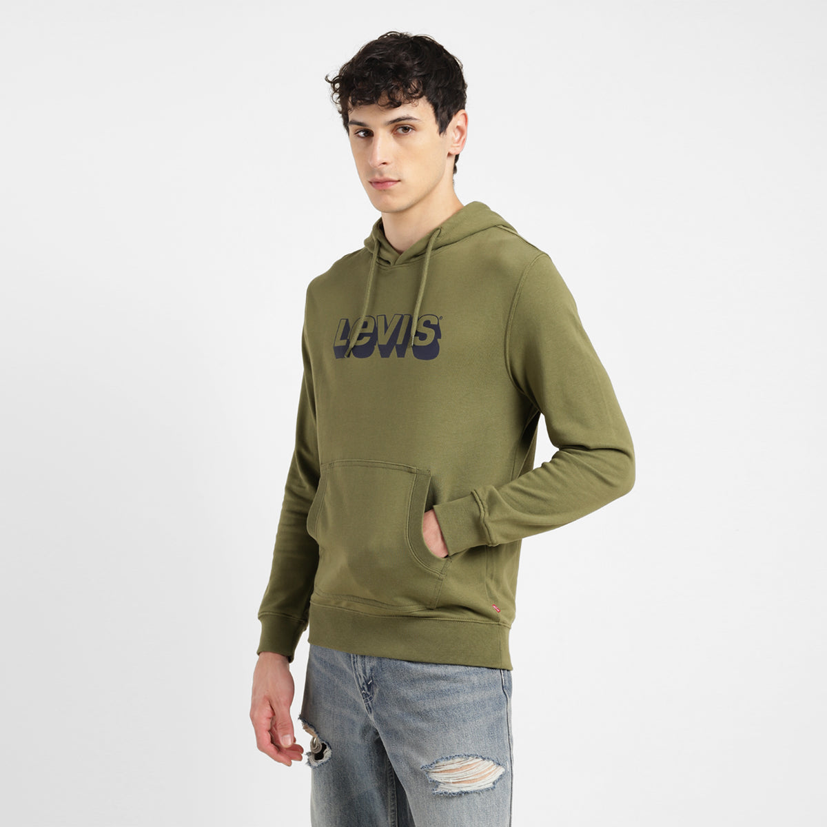 Men's Graphic Print Green Hooded Sweatshirt - Side View