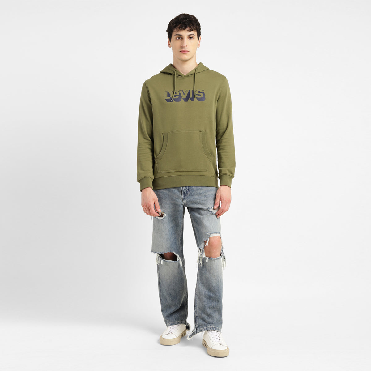 Men's Graphic Print Green Hooded Sweatshirt - ModelFront View