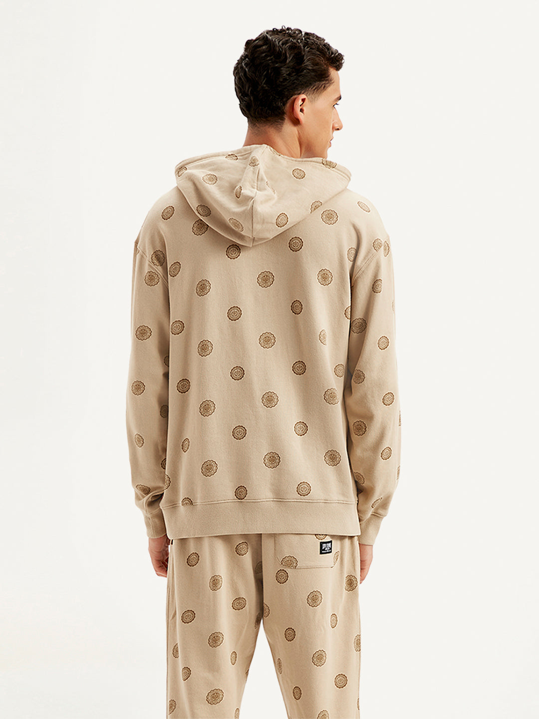 Men's Printed Khaki Hooded Sweatshirt - Back View