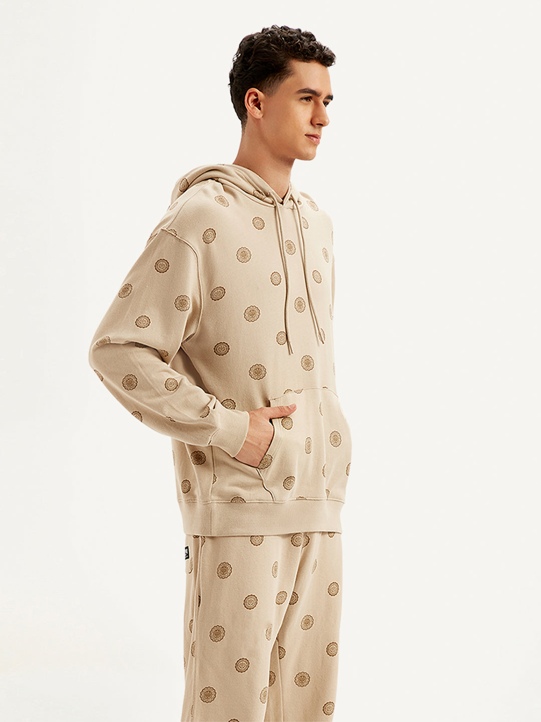 Men's Printed Khaki Hooded Sweatshirt - Side View
